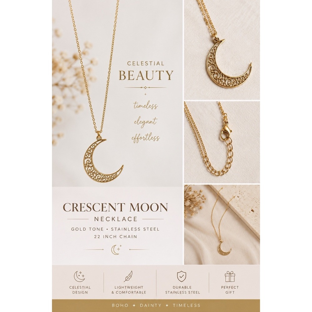 Gold Crescent Moon Charm Necklace Stainless Steel Adjustable 22in Lobster Clasp